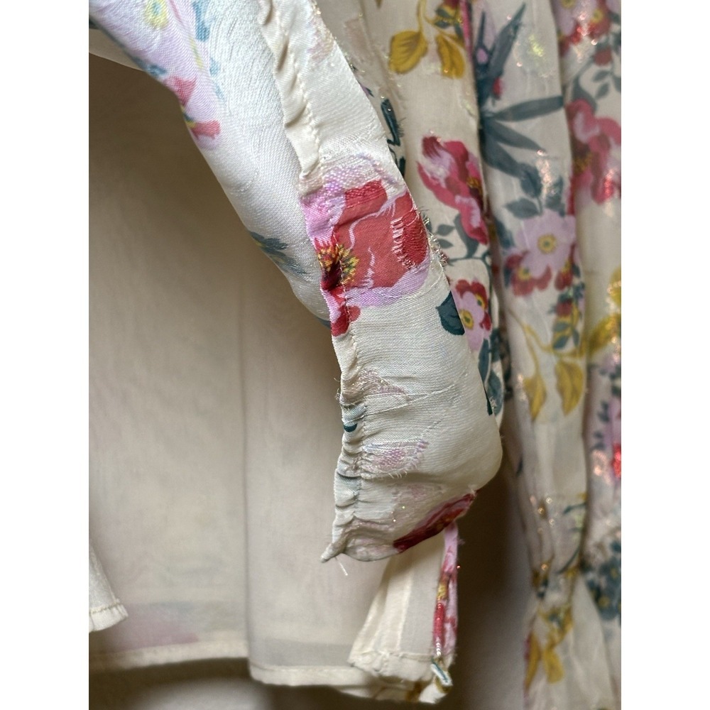 LOFT Floral Sheer Metallic Blouse Small Ivory Pink Long Sleeve - Picture 6 of 9